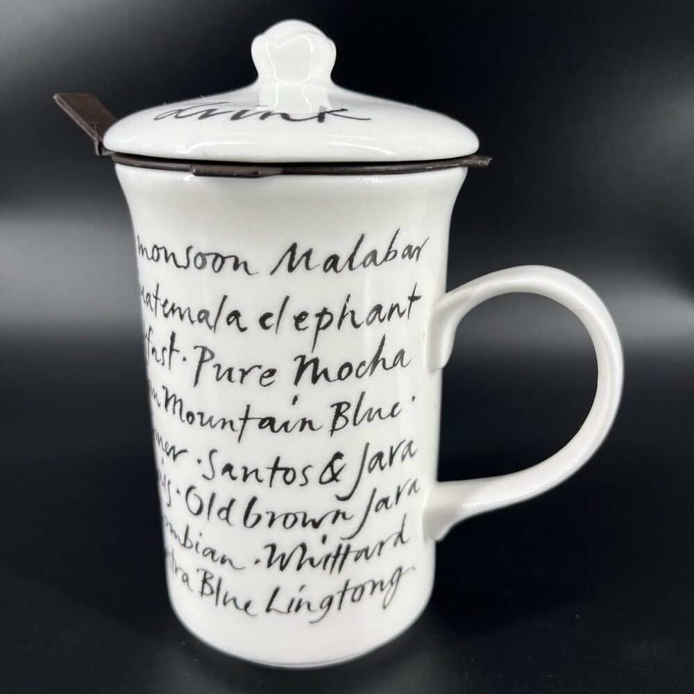 Whittard England Ceramic Tea Coffee Mug Text Handwriting Infuser Lid Strainer